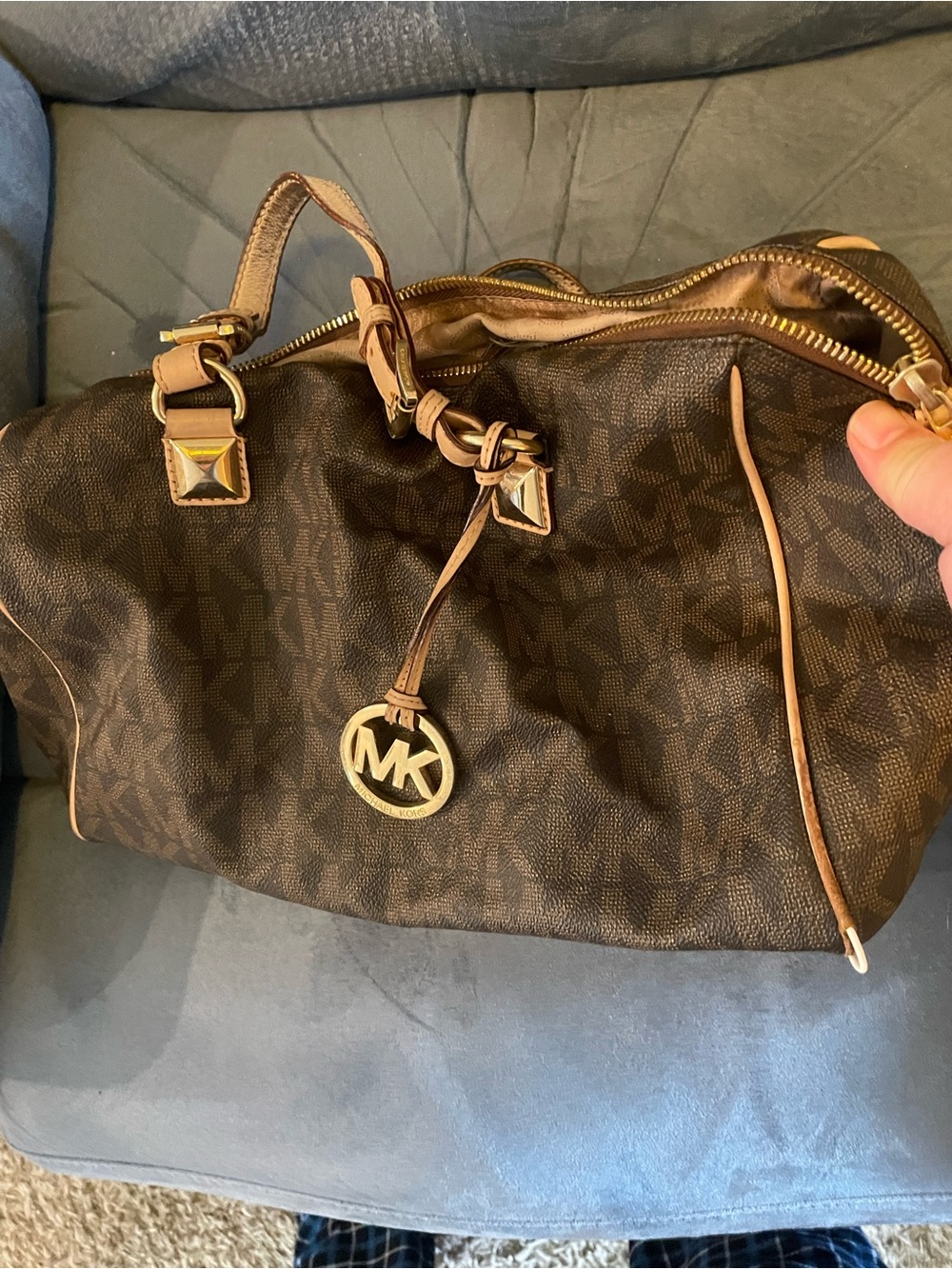 Michael Kors Brown MK Logo Coated Canvas Satchel with Gold Hardware